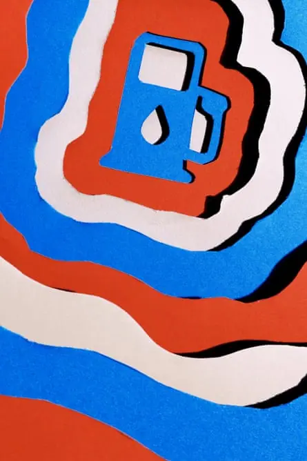 Red, white and blue layered paper cutout of a fuel pump