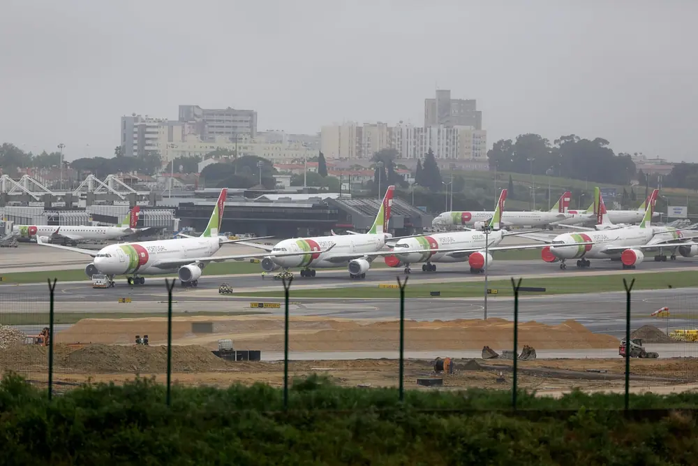 FILE. TAP Air Portugal airplanes parked idle at Lisbon airport, 9 April 2020