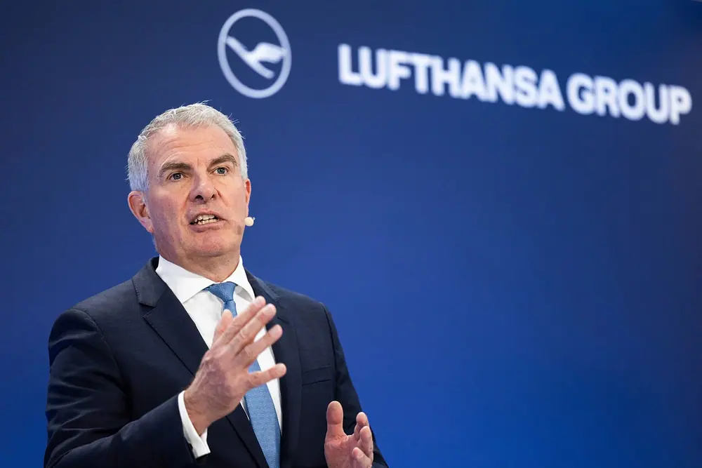 FILE. CEO of Deutsche Lufthansa AG Carsten Spohr speaks to journalists at its annual press conference in Germany, 7 March 2024
