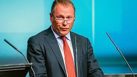 FILE - Nicolai Tangen attends a media conference on his employment agreement as new CEO for Norges Bank Investment Management, in Oslo, Norway, Thursday 28. May 2020.
