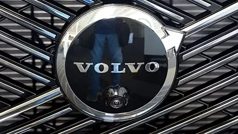 File - This is the Volvo logo on the grill of a Volvo automobile on display at the Pittsburgh International Auto Show in Pittsburgh, 14 Feb. 2025.