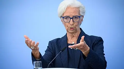 FILE. ECB President Christine Lagarde addresses the media during a press conference in Berlin, Germany, 10 Sept. 2026