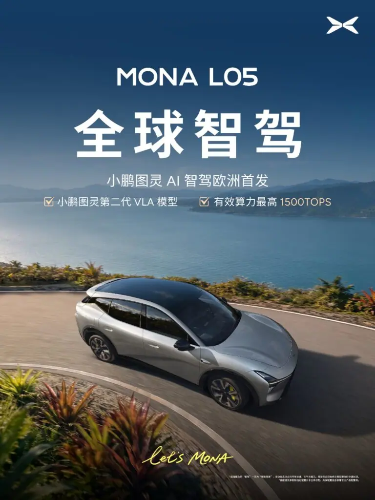 Xpeng Mona L05 on a winding coastal road in a poster promoting Turing AI driver assistance and up to 1,500 TOPS of computing power.