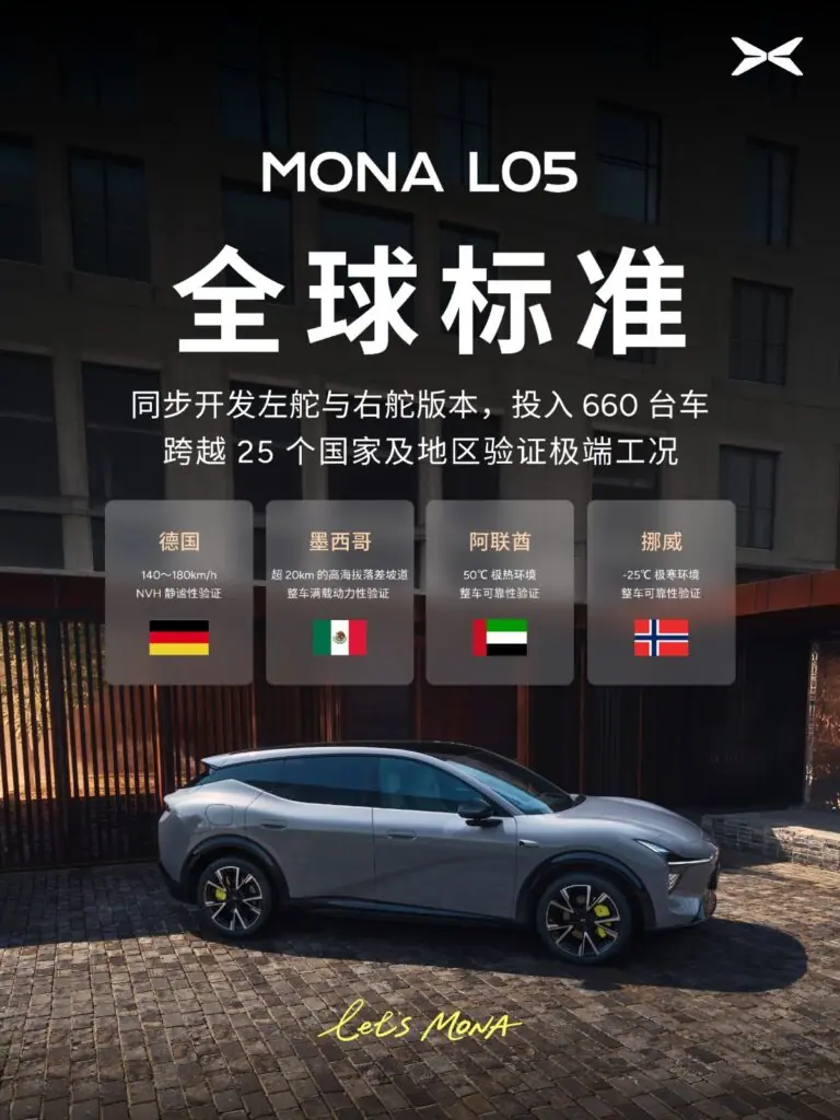Xpeng Mona L05 poster showing a silver SUV and highlighting left- and right-hand-drive development and testing across 25 countries and regions.