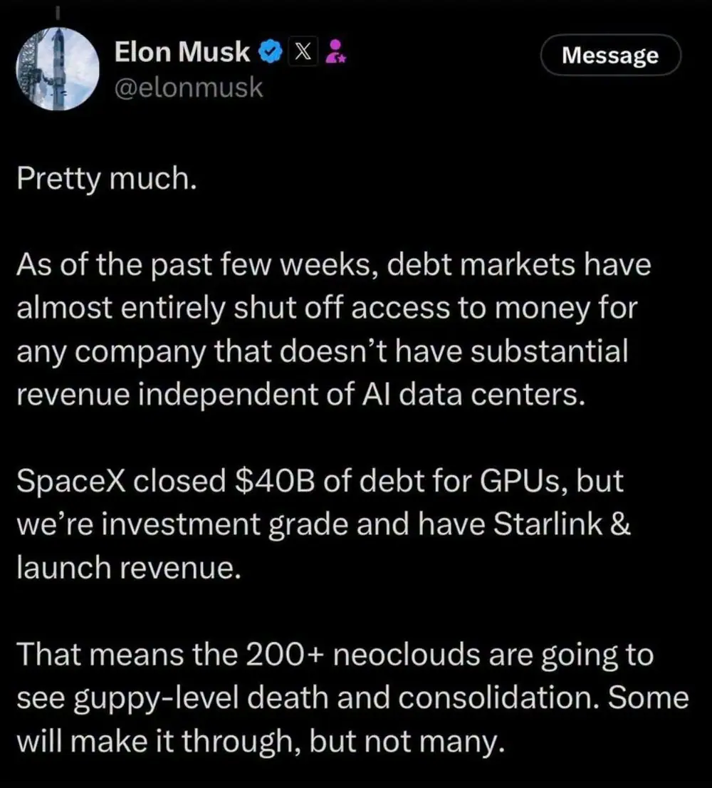 Bài đăng của ông Musk cảnh báo khả năng huy động vốn của các công ty đám mây phục vụ AI.
