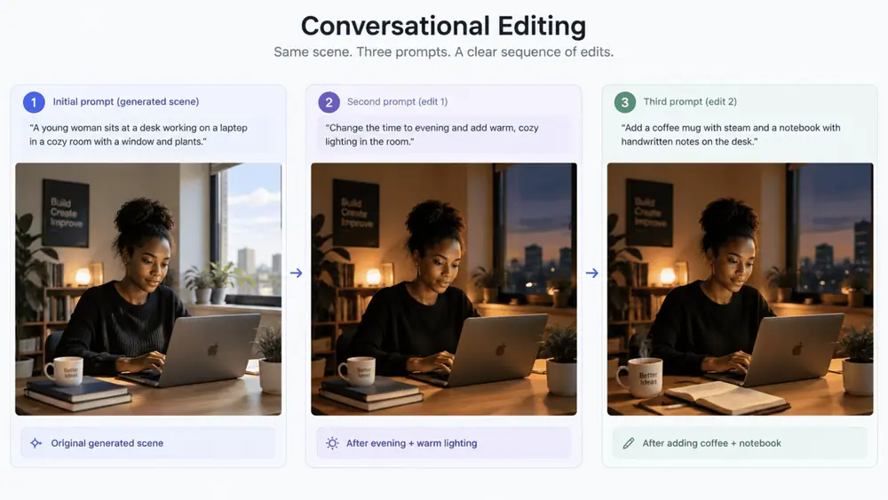 A three-panel storyboard graphic showing the same video frame across three conversational edits in sequence.