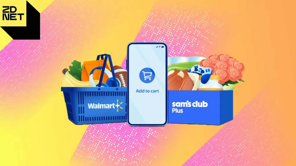 Two baskets of food and tech against a purple and orange gradient geometric background.