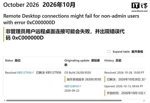 微软 10 月可选更新修复 Win11 远程桌面报错 0xC000000D 问题